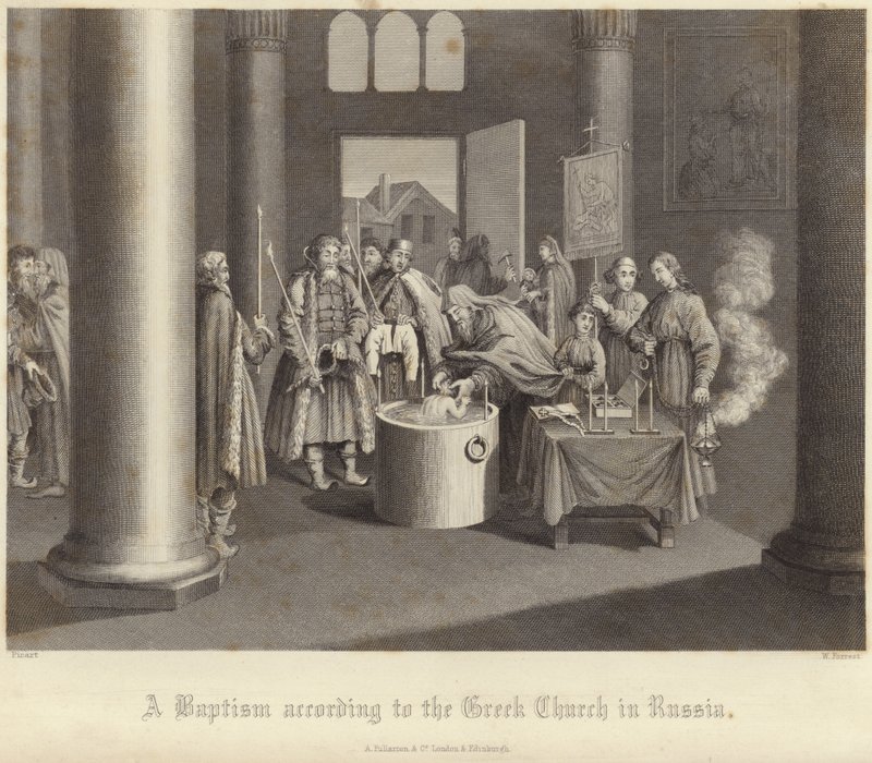 Eine Taufe nach der griechischen Kirche in Russland von Bernard Picart