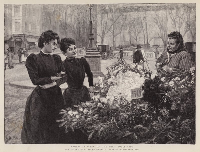 Veilchen - eine Szene auf den Pariser Boulevards, Gemälde im Champs de Mars Salon, Paris von Carl Ernest von Stetten