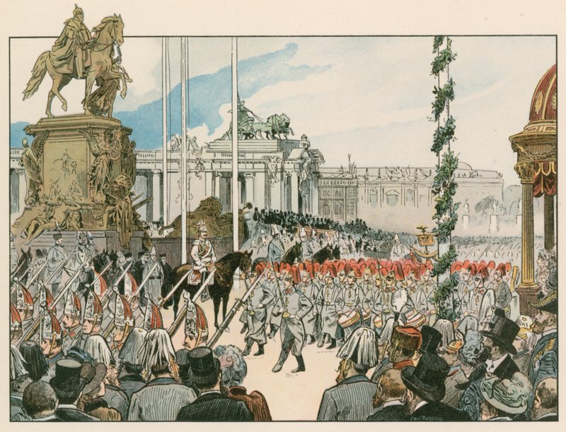 Wilhelm II., Deutscher Kaiser und König von Preußen (1859-1941), bei der Einweihung des Nationaldenkmals in Berlin 1897 von Carl Rohling