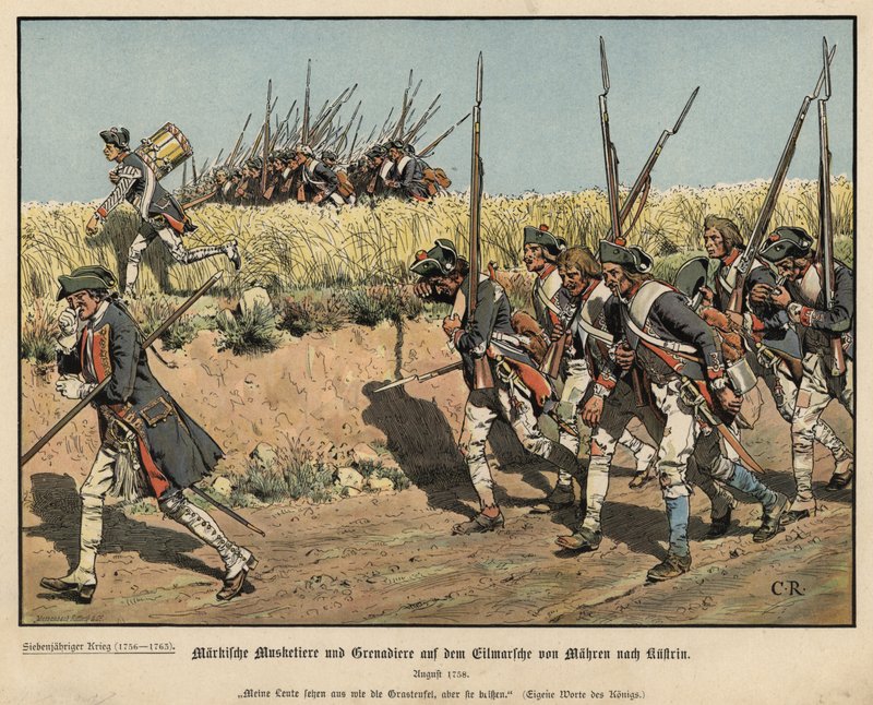 Preußische Musketiere und Grenadiere auf dem Marsch von Mähren nach Küstrin von Carl Röchling