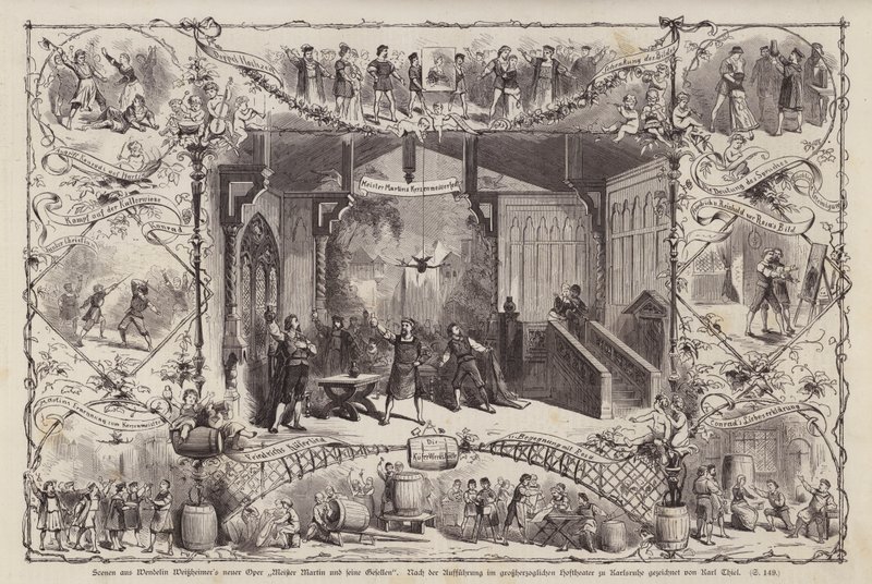 Szenen aus der Oper Meister Martin und Seine Gesellen des deutschen Komponisten Wendelin Weissheimer, aufgeführt im Großherzoglichen Hoftheater, Karlsruhe, Deutschland (Stich) von Carl Thiel