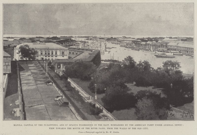 Manila, Hauptstadt der Philippinen und Spaniens Besitzungen im Osten, bombardiert von der amerikanischen Flotte unter Admiral Dewey, Blick auf die Mündung des Pasig-Flusses von den Mauern der alten Stadt von Charles Auguste Loye