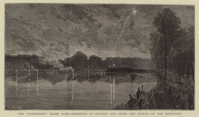 Der Northfleet-Hilfsfonds, Ausstellung von Not- und anderen Schiffssignalen auf der Serpentine von Charles Auguste Loye