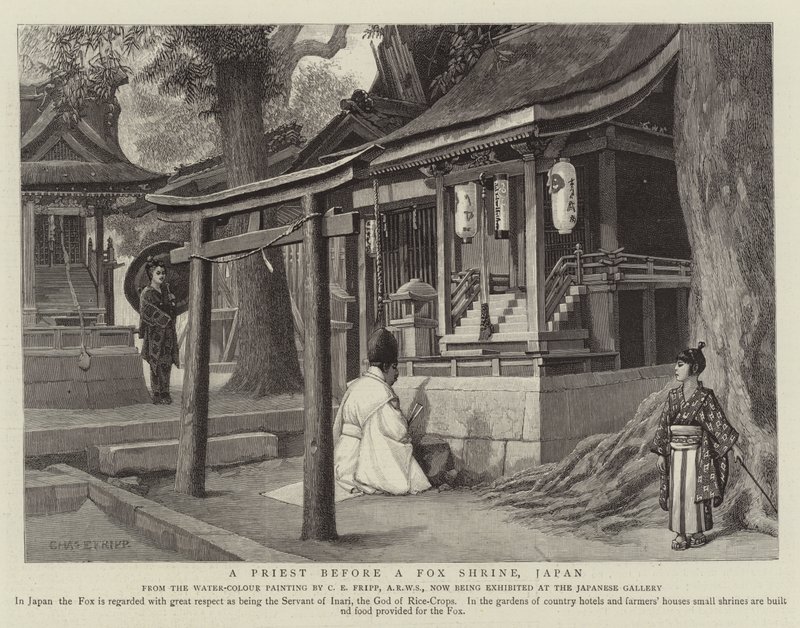 Ein Priester vor einem Fuchsschrein, Japan von Charles Edwin Fripp