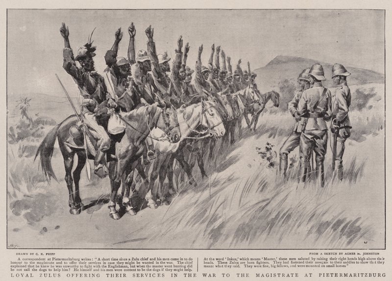 Loyale Zulus bieten dem Magistrat in Pietermaritzburg ihre Dienste im Krieg an von Charles Edwin Fripp