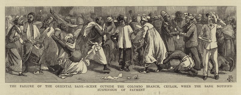 Der Zusammenbruch der Oriental Bank, Szene vor der Colombo-Filiale, Ceylon, als die Bank die Zahlungseinstellung ankündigte von Charles Edwin Fripp