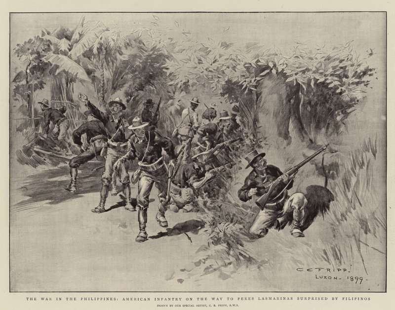 Der Krieg auf den Philippinen, amerikanische Infanterie auf dem Weg nach Peres Lasmarinas von Filipinos überrascht von Charles Edwin Fripp