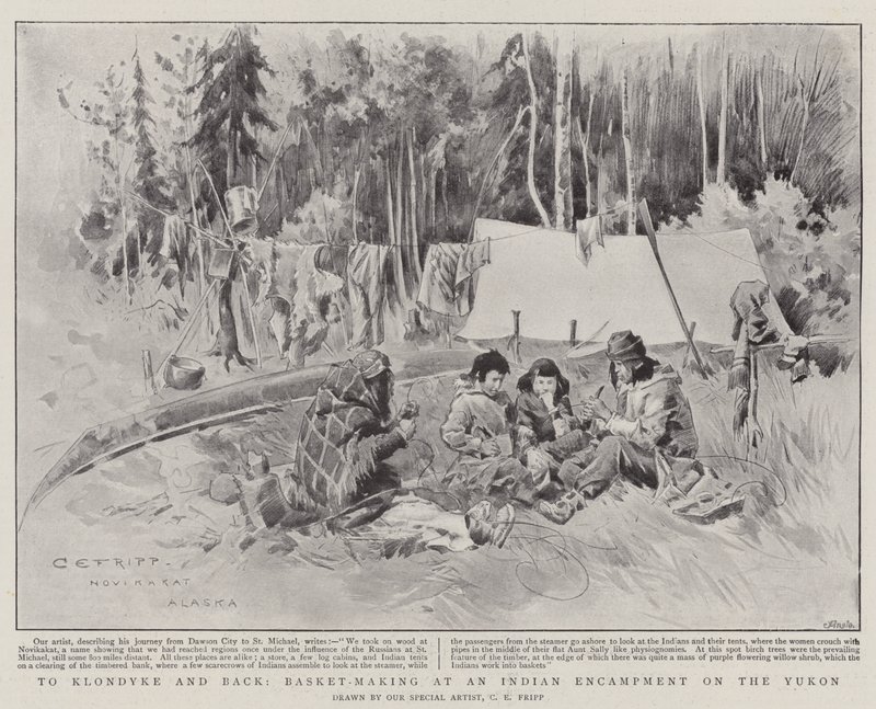 Nach Klondyke und zurück, Korbflechten in einem Indianerlager am Yukon von Charles Edwin Fripp