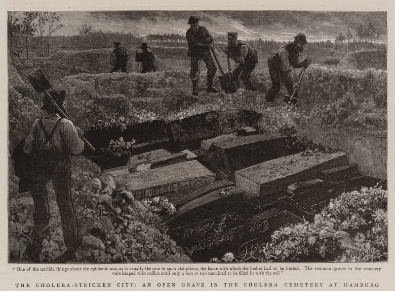Die cholera-geplagte Stadt, ein offenes Grab auf dem Cholera-Friedhof in Hamburg von Charles J. Staniland