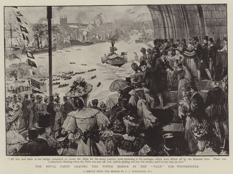 Die königliche Gesellschaft verlässt die Tower Bridge in der Palme nach Westminster von Charles J. Staniland