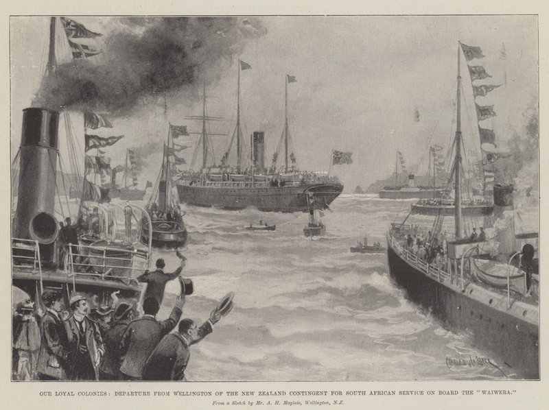 Unsere treuen Kolonien, Abfahrt des neuseeländischen Kontingents für den südafrikanischen Dienst an Bord der Waiwera von Wellington von Charles John de Lacy