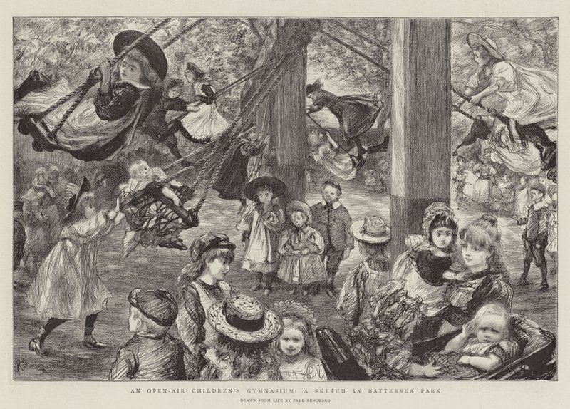 Ein Freiluft-Kindergymnasium, eine Skizze im Battersea Park von Charles Paul Renouard
