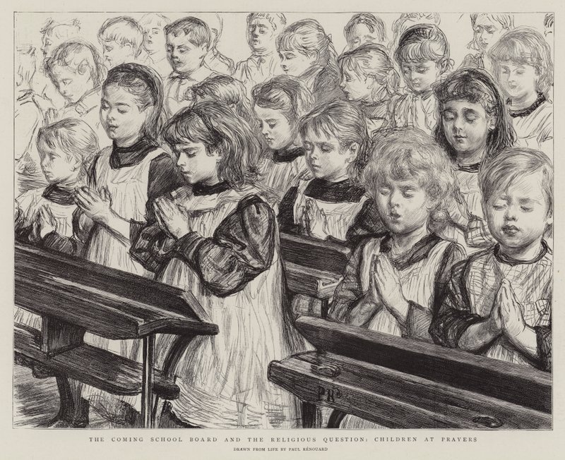 Der kommende Schulvorstand und die Religionsfrage, Kinder beim Gebet von Charles Paul Renouard