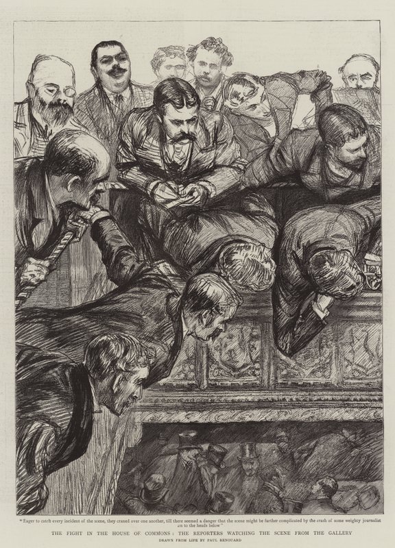 Der Kampf im Unterhaus, die Reporter beobachten die Szene von der Galerie aus von Charles Paul Renouard