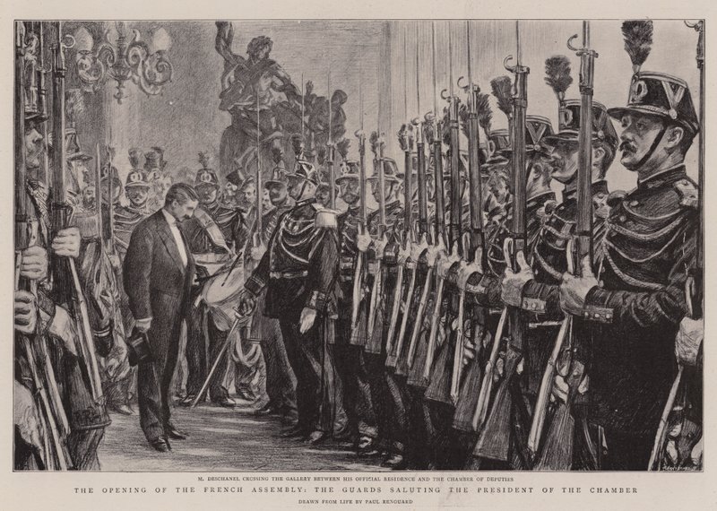 Die Eröffnung der französischen Versammlung, die Wachen salutieren den Präsidenten der Kammer von Charles Paul Renouard