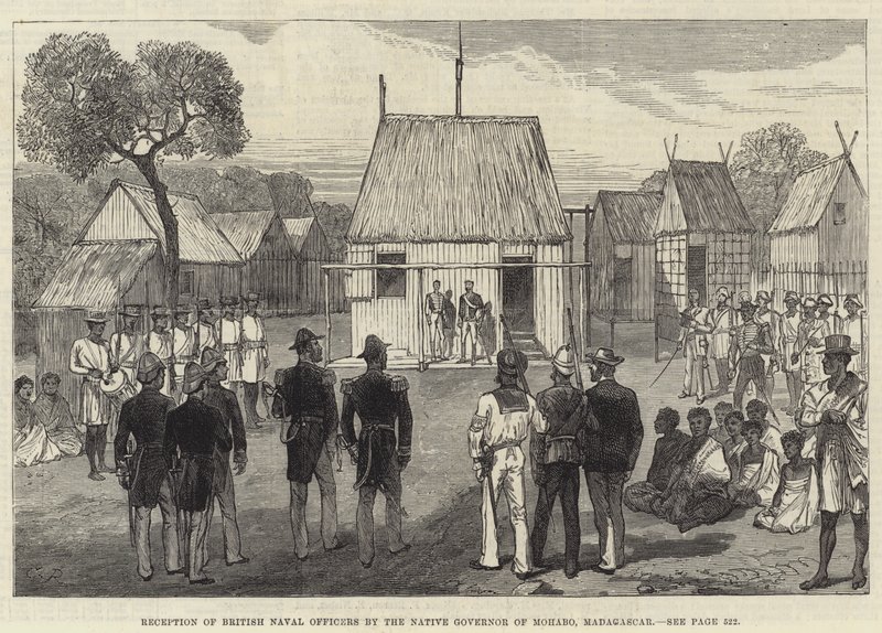 Empfang britischer Marineoffiziere durch den einheimischen Gouverneur von Mohabo, Madagaskar von Sir John Charles Robinson