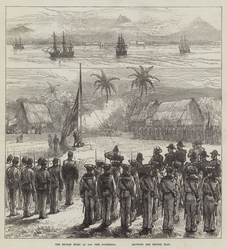 Die britische Flotte in San Jose, Guatemala, salutiert die britische Flagge von Sir John Charles Robinson