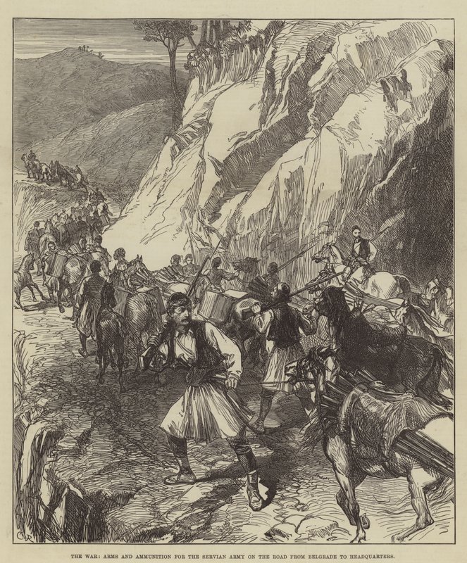 Der Krieg, Waffen und Munition für die serbische Armee auf dem Weg von Belgrad zum Hauptquartier von Sir John Charles Robinson