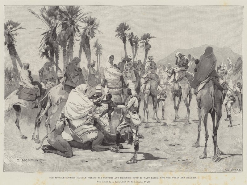 Der Vormarsch nach Dongola, Verwundete und Gefangene nach Wady Halfa bringen, mit Frauen und Kindern von Charles Auguste Loye
