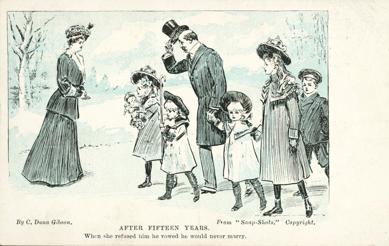 Frau begegnet dem Mann, den sie in der Ehe abgelehnt hat, der schwor, nie zu heiraten von Charles Dana Gibson