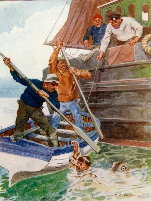 Die beiden Männer im Boot begannen hektisch, an einem abscheulichen Objekt zu schlagen und zu graben von Charles Edmund Brock