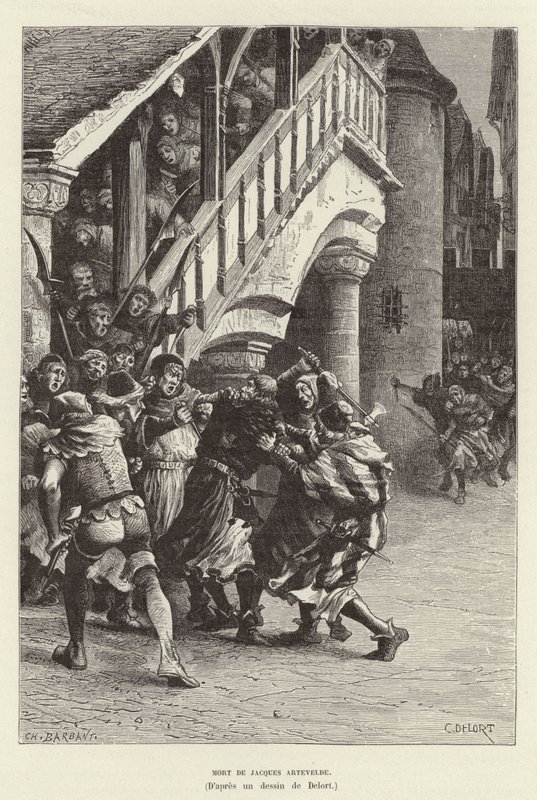 Tod von Jacques Artevelde. Tod des flämischen Kaufmanns und politischen Führers Jacob van Artevelde durch die Hand eines Mobs, Gent von Charles Edouard Delort