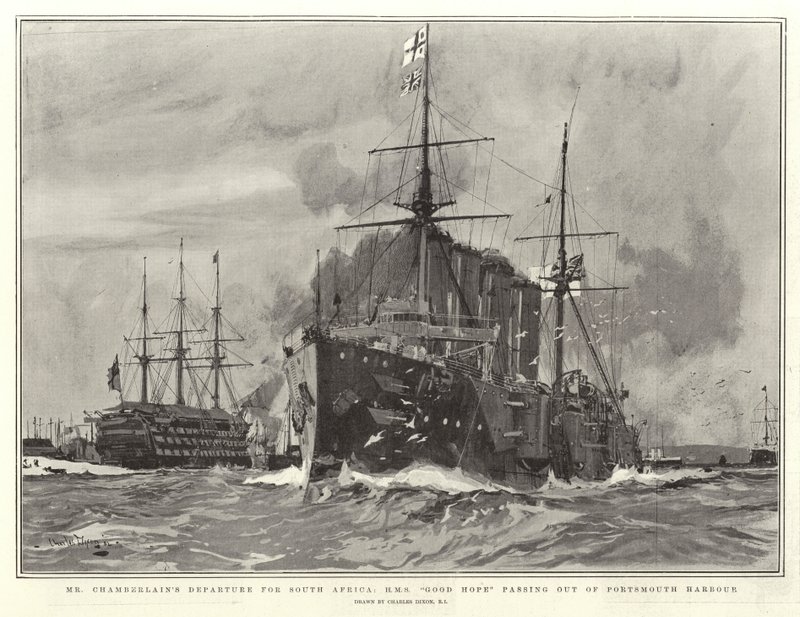 Mr. Chamberlains Abreise nach Südafrika, H.M.S. Good Hope verlässt den Hafen von Portsmouth von Charles Edward Dixon
