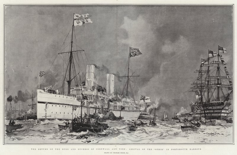 Die Rückkehr des Herzogs und der Herzogin von Cornwall und York, Ankunft der Ophir im Hafen von Portsmouth von Charles Edward Dixon