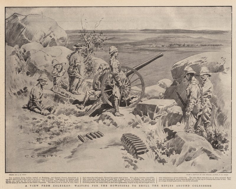 Ein Blick vom Coleskop, warten auf die Haubitzen, um die Kopjes um Colesberg zu beschießen von Charles Edwin Fripp