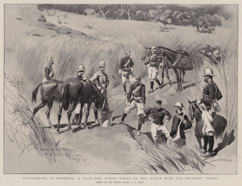 Kampagne in Rhodesien, eine Pause für Wasser während des Marsches mit den kaiserlichen Truppen von Charles Edwin Fripp