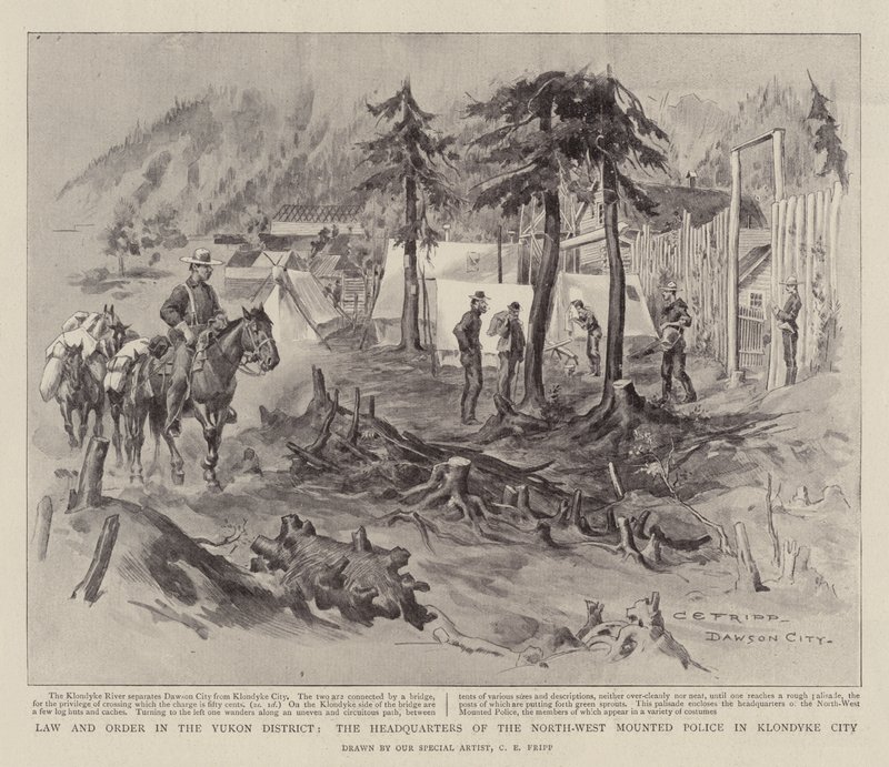 Recht und Ordnung im Yukon-Distrikt, das Hauptquartier der Nordwestlichen berittenen Polizei in Klondyke City von Charles Edwin Fripp
