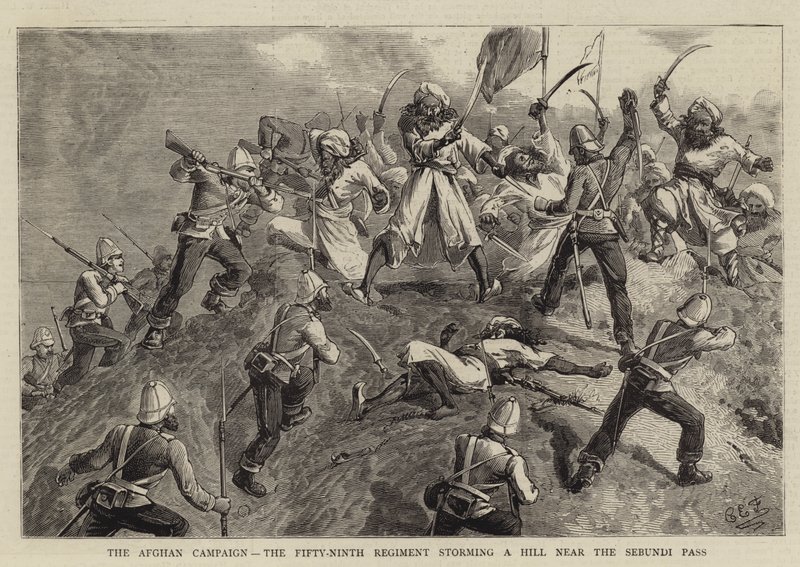Der Afghanische Feldzug, das neunundfünfzigste Regiment stürmt einen Hügel in der Nähe des Sebundi-Passes von Charles Edwin Fripp