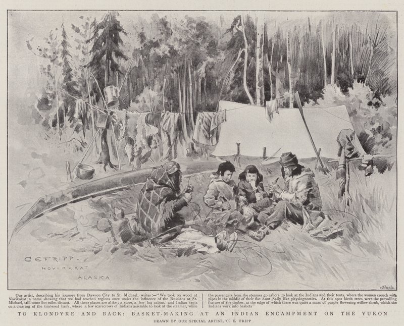 Nach Klondyke und zurück, Korbflechten in einem Indianerlager am Yukon von Charles Edwin Fripp