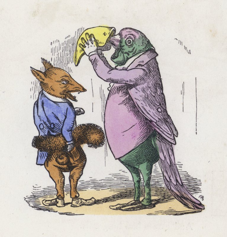 Fuchs benutzt seinen Schwanz als Muff und Papagei schnupft Tabak (farbige Gravur) von Charles Henry (after) Bennett