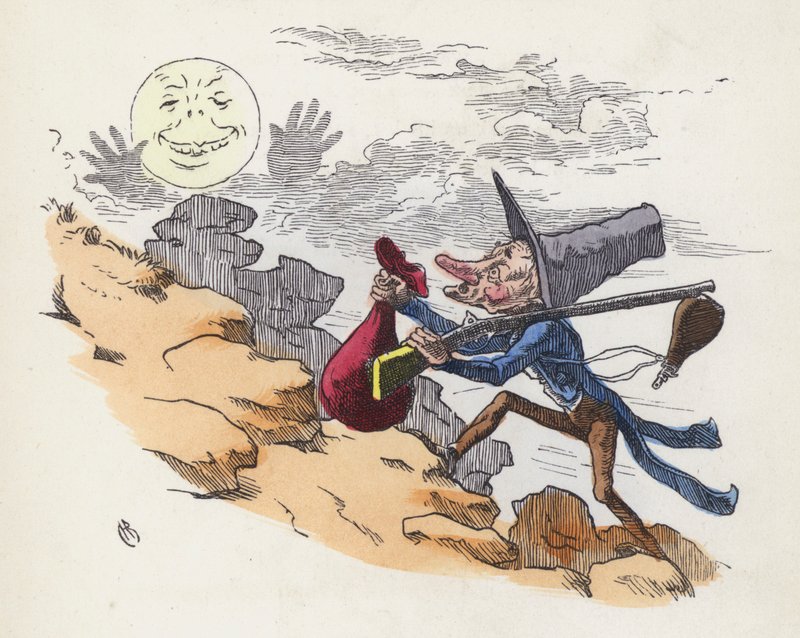 Mann, der einen Hügel hinaufklettert, um auf den Mond zu schießen von Charles Henry (after) Bennett
