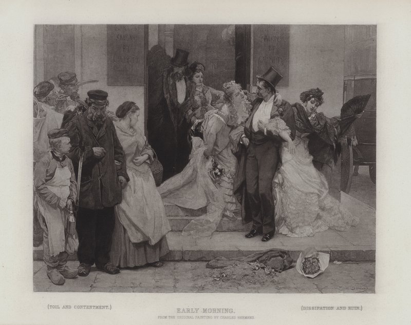 Früher Morgen, der Kontrast zwischen: Mühe und Zufriedenheit; und Ausschweifung und Ruin (Gravur) von Charles Hermans
