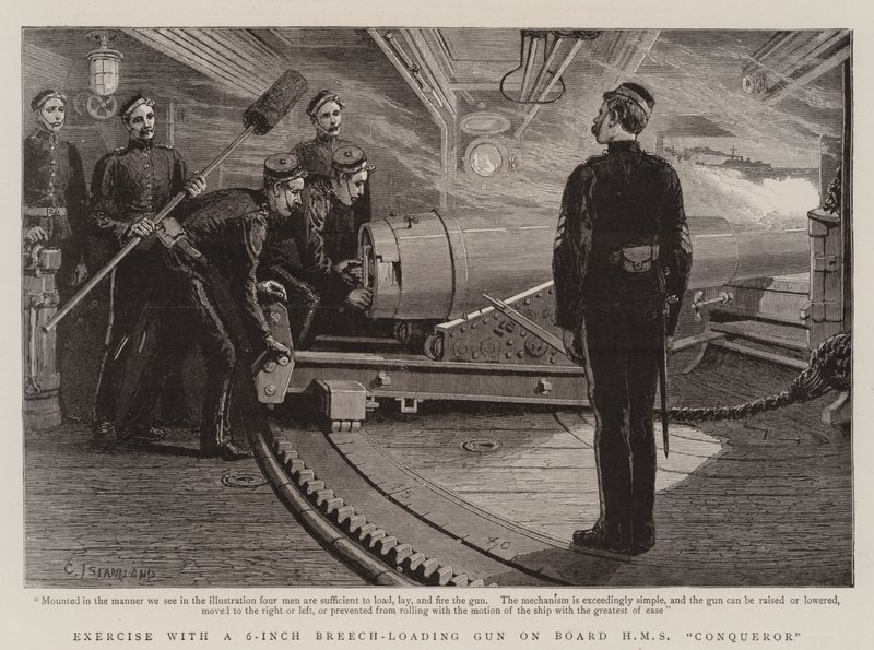 Übung mit einer 6-Zoll-Hinterladerkanone an Bord der HMS Conqueror von Charles J. Staniland