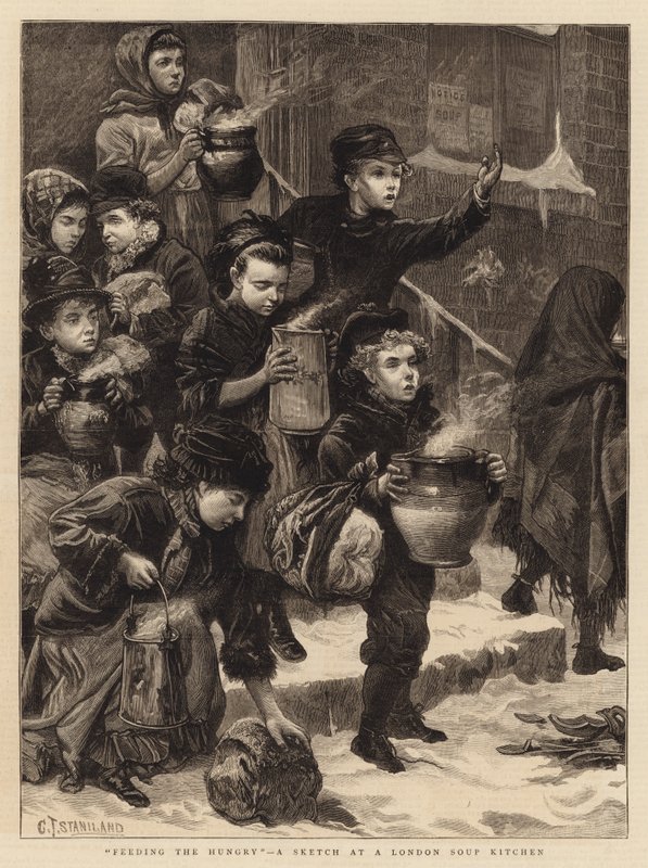 Die Hungrigen füttern, eine Skizze in einer Londoner Suppenküche von Charles J. Staniland