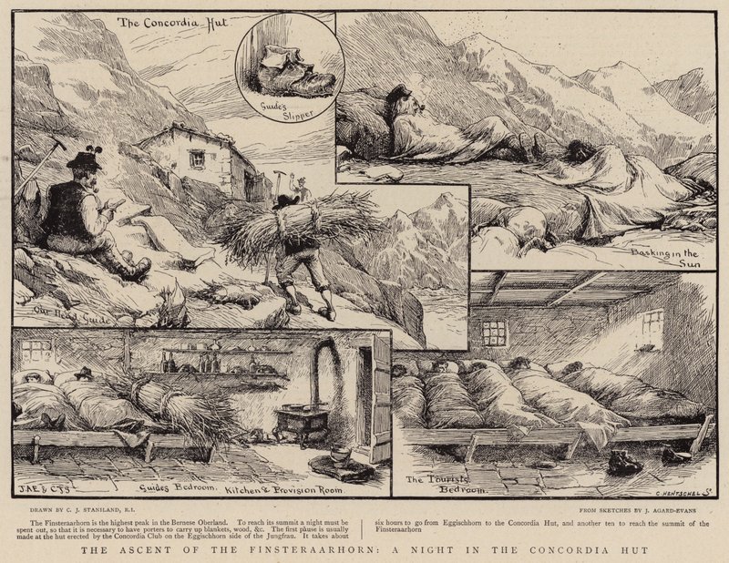 Der Aufstieg des Finsteraarhorns, eine Nacht in der Concordia-Hütte von Charles J. Staniland
