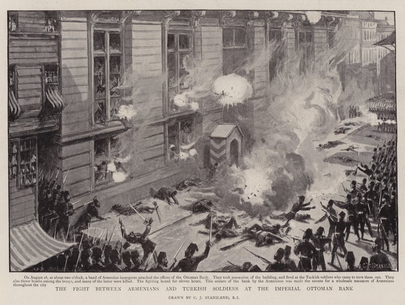 Der Kampf zwischen Armeniern und türkischen Soldaten bei der Imperial Ottoman Bank von Charles J. Staniland