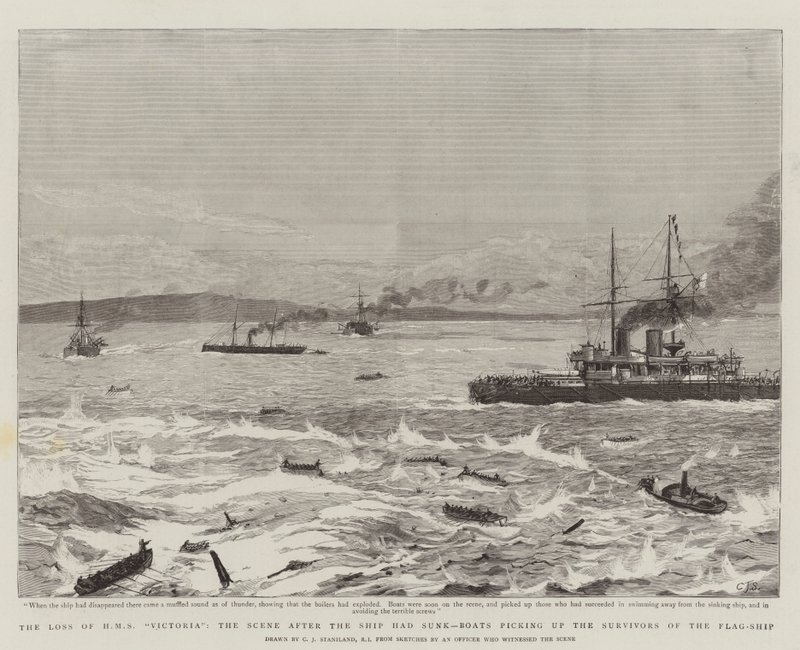 Der Verlust der HMS Victoria, die Szene nach dem Untergang des Schiffes, Boote retten die Überlebenden des Flaggschiffs von Charles J. Staniland