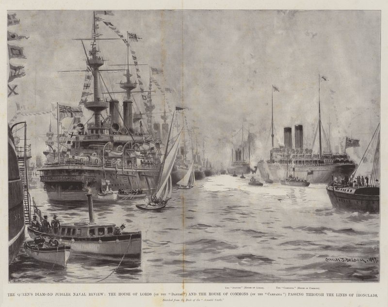 Die Marineparade zum Diamantenen Jubiläum der Königin, das House of Lords (auf der Donau) und das House of Commons (auf der Campania) passieren die Reihen der Panzerschiffe von Charles John de Lacy