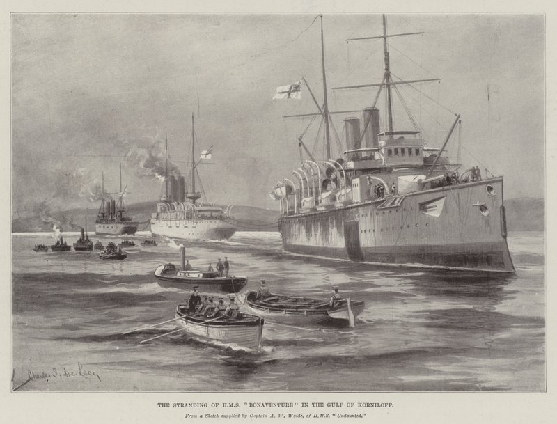 Die Strandung der HMS Bonaventure im Golf von Korniloff von Charles John de Lacy