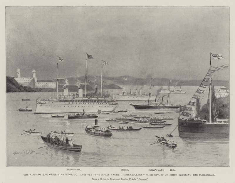 Der Besuch des deutschen Kaisers in Palästina, die königliche Yacht Hohenzollern mit Begleitschiffen beim Einlaufen in den Bosporus von Charles John de Lacy