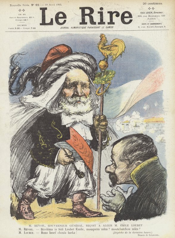 Präsident Loubet von Frankreich wird vom Generalgouverneur von Algerien, Paul Revoil, empfangen. Illustration für Le Rire von Charles Leandre
