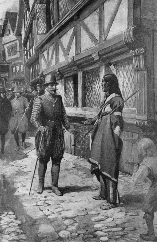 Kapitän John Smith trifft einen indianischen Freund aus Virginia beim Spaziergang durch The Strand in London von Charles Mills (after) Sheldon