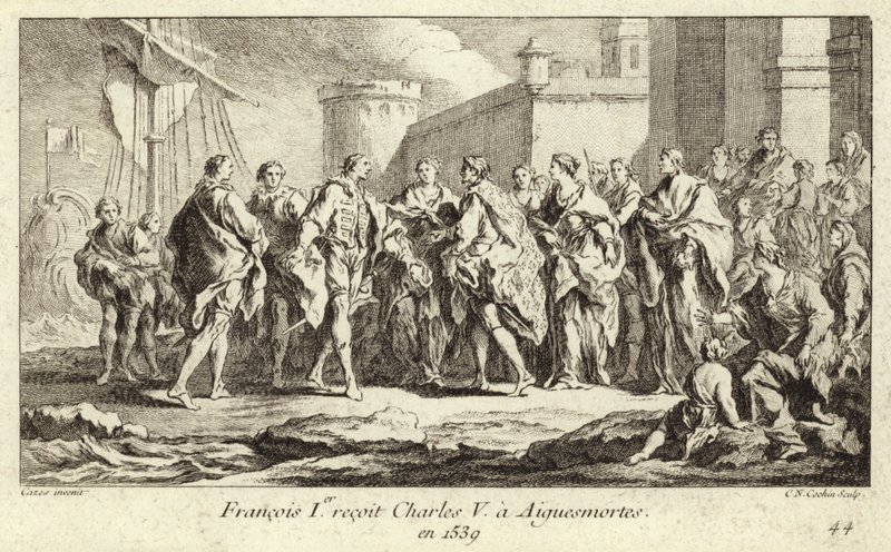 König Franz I. von Frankreich empfängt Kaiser Karl V. in Aigues-Mortes von Charles Nicolas II Cochin