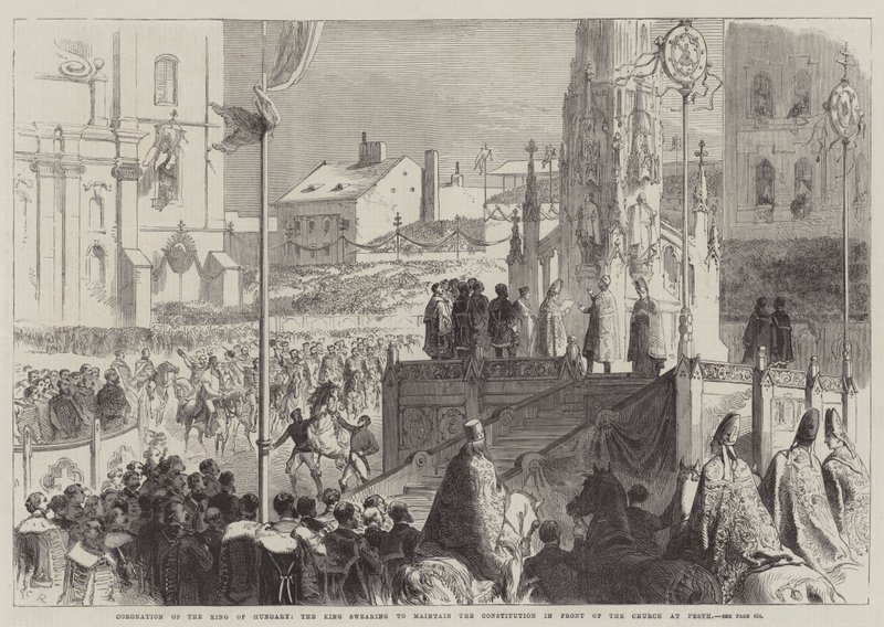 Krönung des Königs von Ungarn, der König schwört, die Verfassung vor der Kirche in Pesth zu wahren von Sir John Charles Robinson
