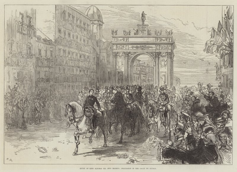 Einzug von König Alfons XII. in Madrid, Prozession in der Calle de Alcalá von Sir John Charles Robinson