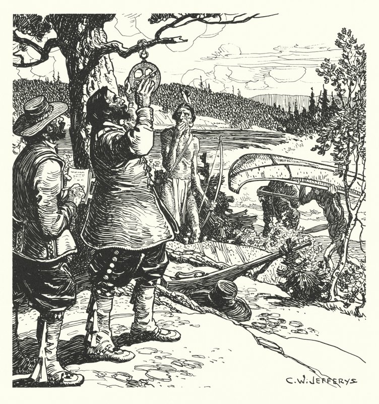 Champlain nimmt eine Beobachtung mit dem Astrolabium auf dem Ottawa vor von Charles William (after) Jefferys